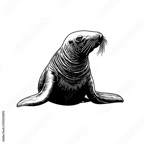 Engraved illustration of a playful seal basking on the shore captures the beauty of marine life in a unique vector design