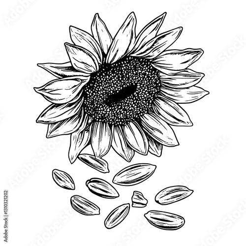 Engraved sunflower design with scattered seeds showcasing nature's beauty in detailed vector art for tattoos and packaging
