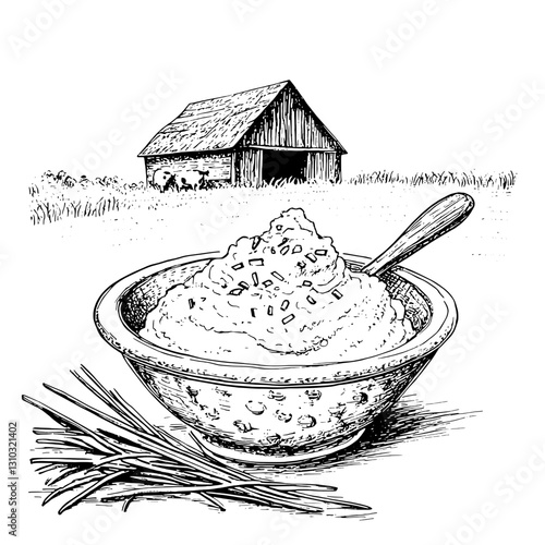 Rustic bowl of creamy mashed potatoes with barn backdrop in a serene countryside setting