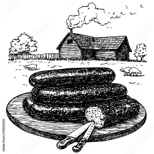 Rustic scene featuring beautifully crafted sausages atop a wooden platter with a cozy cabin in the background