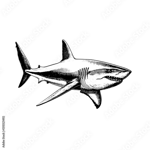 Engraved illustration of a fierce shark showcasing intricate details for tattoo and packaging design inspiration