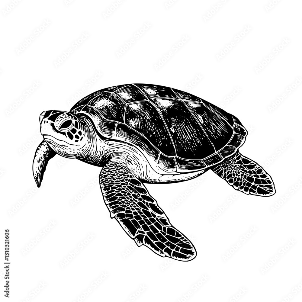 Fototapeta premium Engraved turtle illustration showcasing intricate details for tattoo and packaging design