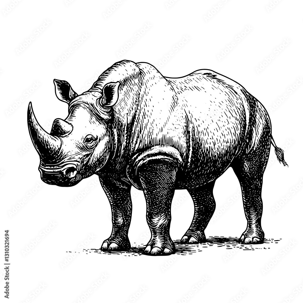 Fototapeta premium Engraved illustration of a majestic rhinoceros showcasing rich details and artistic flair for tattoo and design enthusiasts