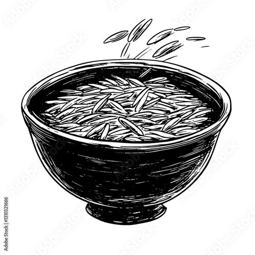 Engraved vector depiction of a bowl filled with rice, showcasing the artistry of packaging design elements in a unique tattoo style