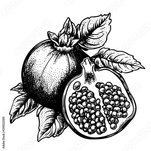 Intricate engraving of a pomegranate highlighting its rich texture and vibrant seeds, perfect for tattoo artistry and packaging design