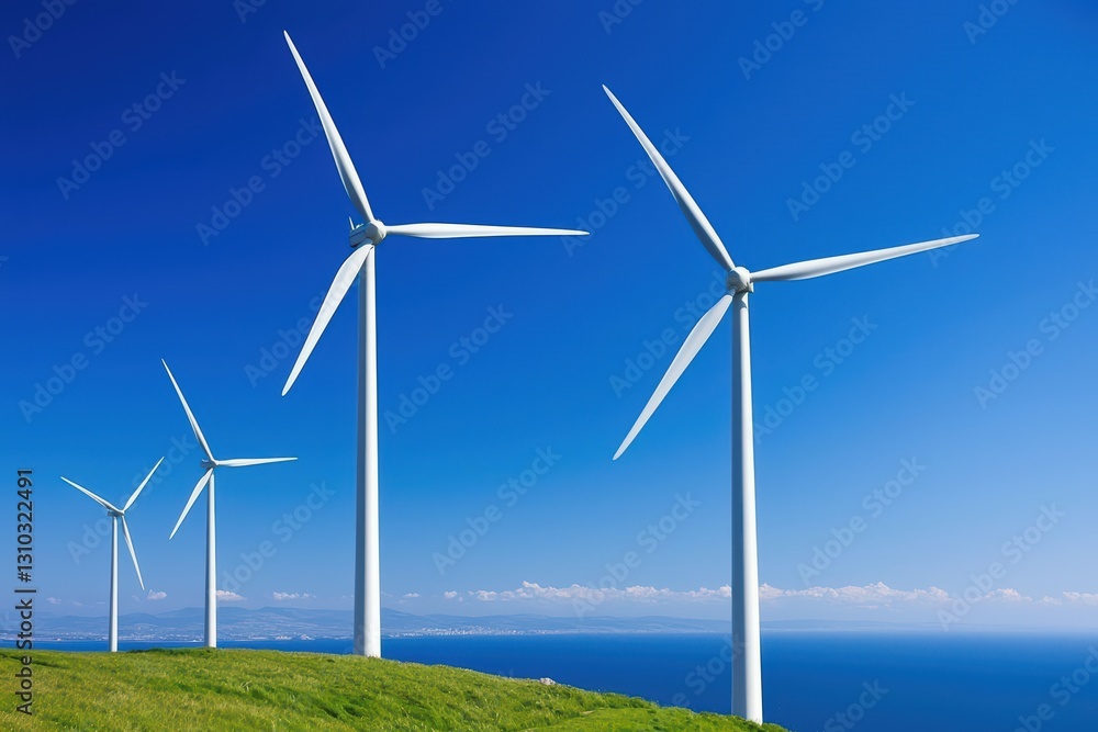 Spinning Wind Turbines on a Green Hillside Against a Clear Blue Sky Spinning Wind Turbines on a Green Hillside Against a Clear Blue Sky