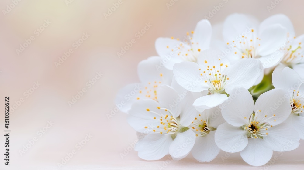 Obraz premium A soft focus image of delicate white flowers, with subtle yellow accents, set against a gentle pastel background, This serene picture is perfect for themes of purity, nature