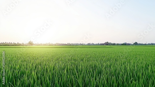 Sunrise over lush rice fields rural landscape photography vibrant green environment wide-angle view nature's beauty