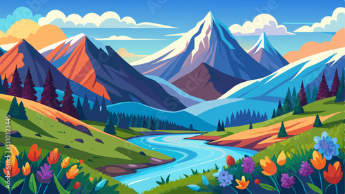 dramatic mountain range with snow-capped peaks, a flowing river in the valley, and colorful alpine flowers in the foreground