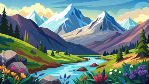 dramatic mountain range with snow-capped peaks, a flowing river in the valley, and colorful alpine flowers in the foreground