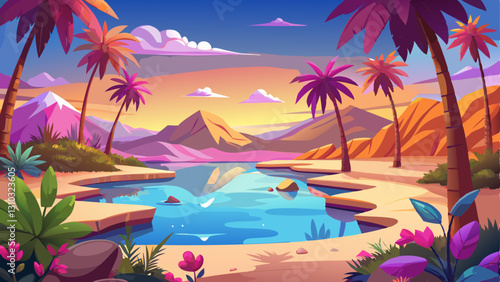 peaceful desert oasis surrounded by tall palm trees, crystal-clear water reflecting the sky, and blooming pink and purple desert flowers along the shore.