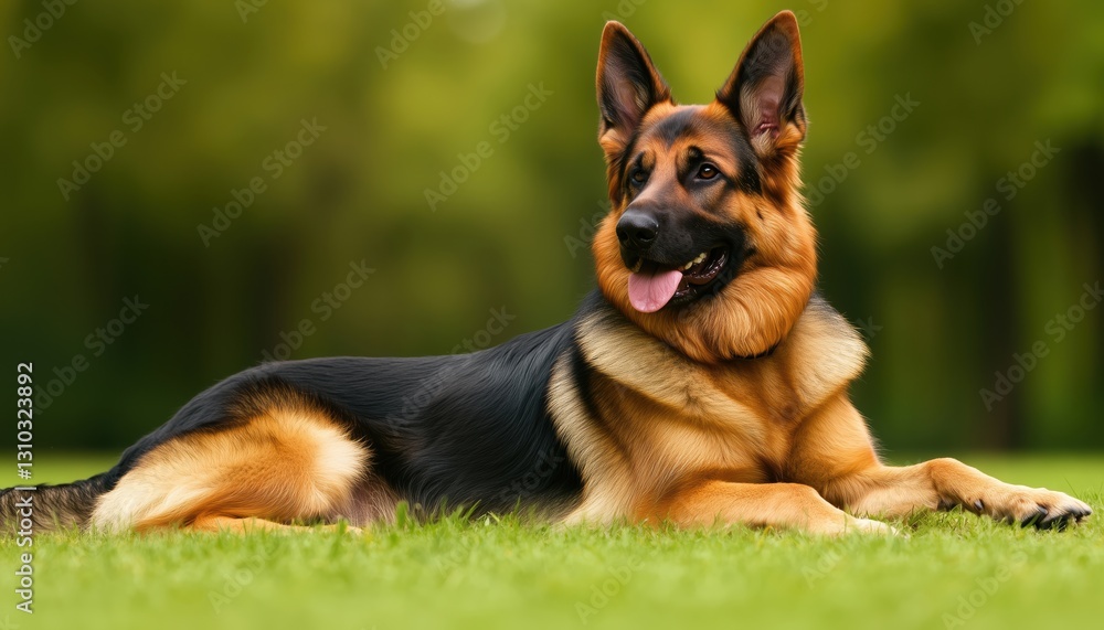 Curious German Shepherd Dog In Half-Face Portrait, Lying On A Yard. Purebred Canine Gazing Intently In Outdoor Setting.
