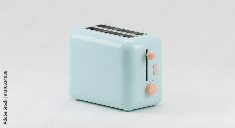 Minimalist light blue toaster with peach accents on a seamless white backdrop Minimalist light blue toaster with peach accents on a seamless white backdrop