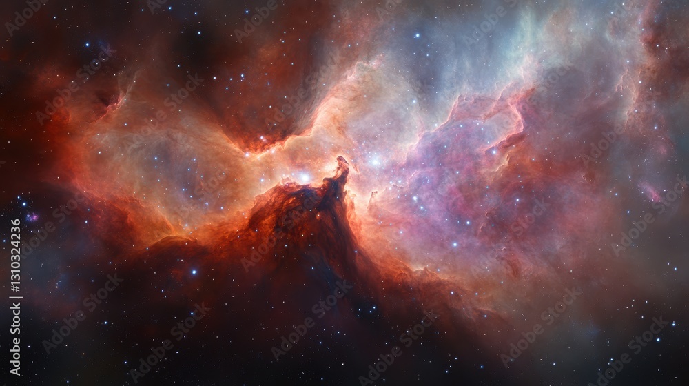 Fototapeta premium A stunning astrophotography image depicting a vibrant nebula filled with swirling gases and bright stars, Ideal for use in articles, websites, and presentations related to space, astronomy