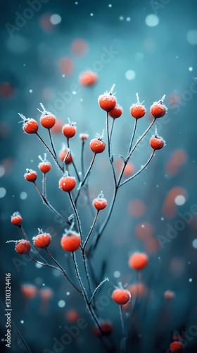 Frosted rosehips winter scene, snowy background