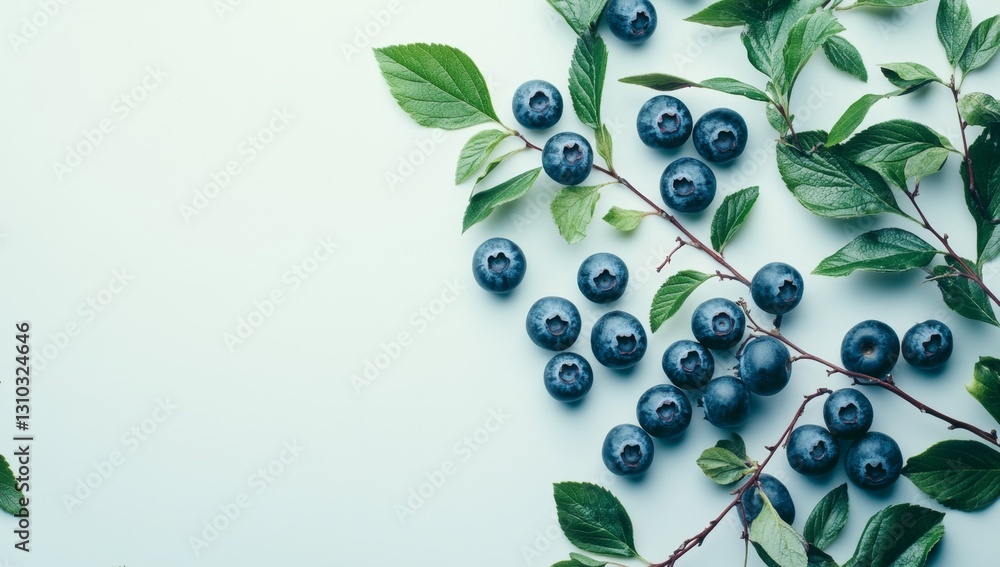 Fototapeta premium Fresh Blueberries with Leaves on Light Blue Background
