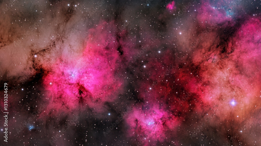Obraz premium A vibrant cosmic scene depicting a nebula filled with pink and red hues against a backdrop of stars, suitable for use in science, astronomy, and fantasy themes, It evokes wonder about the universe,