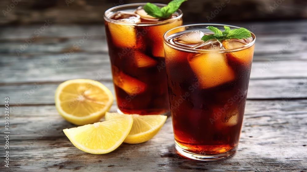 Refreshing iced tea with lemon slices rustic table beverage photography cozy atmosphere close-up perspective Refreshing iced tea with lemon slices rustic table beverage photography cozy atmosphere close-up perspective