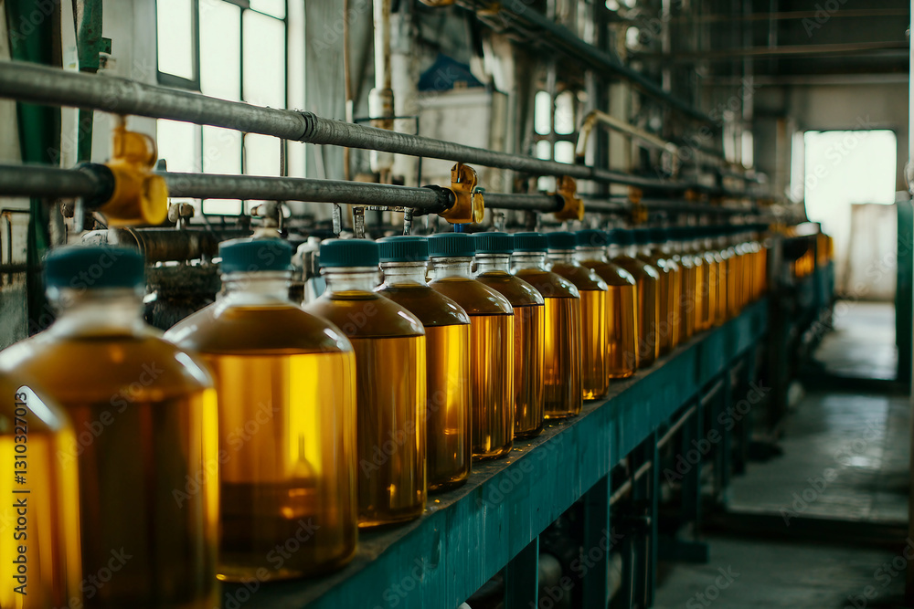 Naklejka premium Industrial Sunflower Oil Manufacturing Factory with Tanks and Pipelines, Modern Production Industry, Generative AI