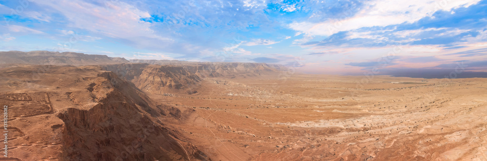 Israel Panoramic views from Masada Fortress in National Park in Negev Judaean Desert near Dead Sea.