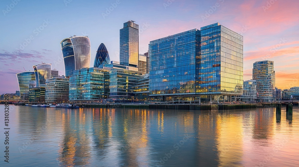 Naklejka premium London skyline at sunset, reflecting on the river.