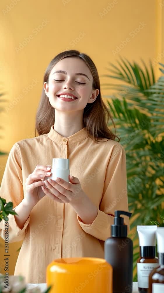 Young woman smiling while holding a skincare product in a bright, tropical setting with plants Young woman smiling while holding a skincare product in a bright, tropical setting with plants