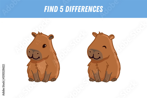 Find 5 differences between two pictures of cute cartoon capybara on white background. Capybara  in flat style. Funny animal. Activity page. Vector illustration.
