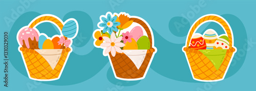 Three colorful Easter baskets filled with eggs, flowers, and festive decorations on a blue background. Perfect for seasonal greeting cards, invitations, and digital designs.