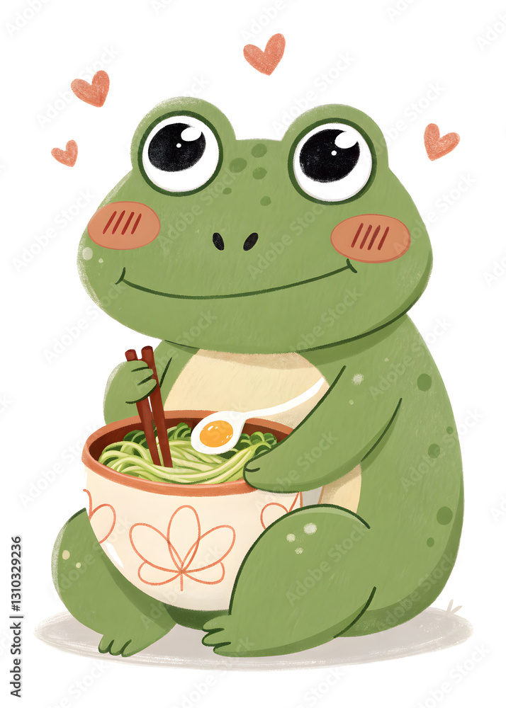 Obraz premium cute cartoon frog with ramen bowl against white background