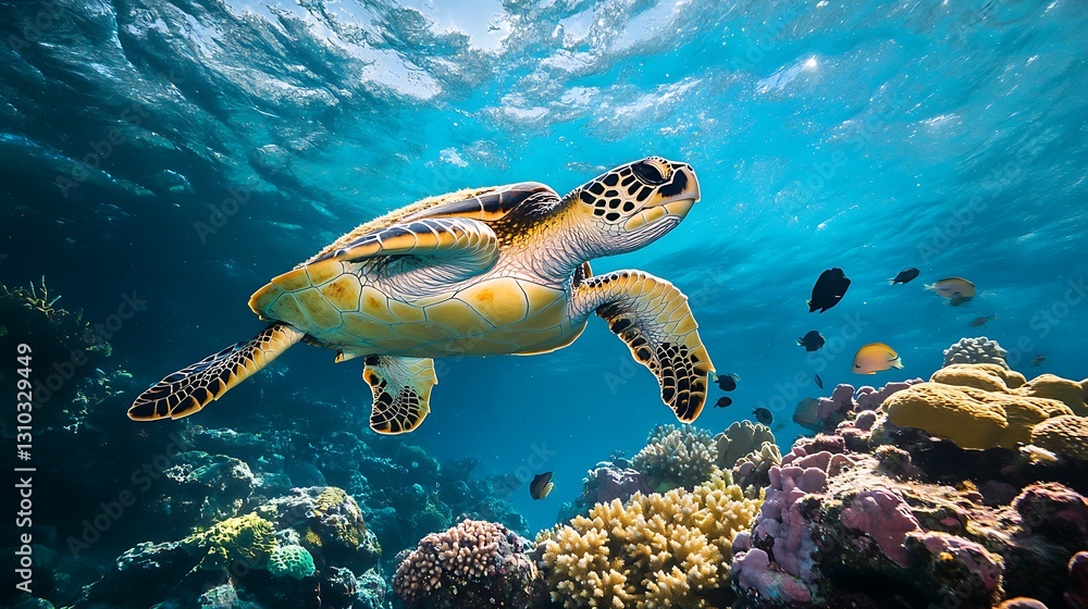 Obraz premium Sea Turtle Swimming in Clear Blue Ocean Over Coral Reef