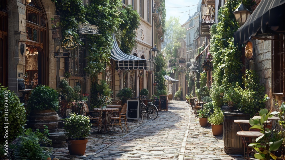 Obraz premium Sunlit cobblestone street with cafes and lush greenery.