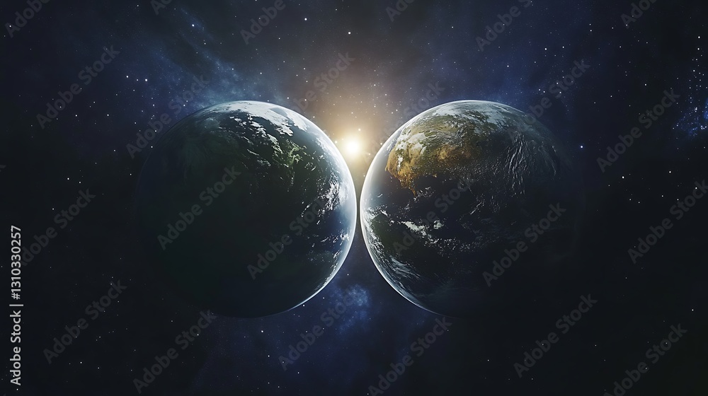 Obraz premium Two Earths in Space, Sunlit
