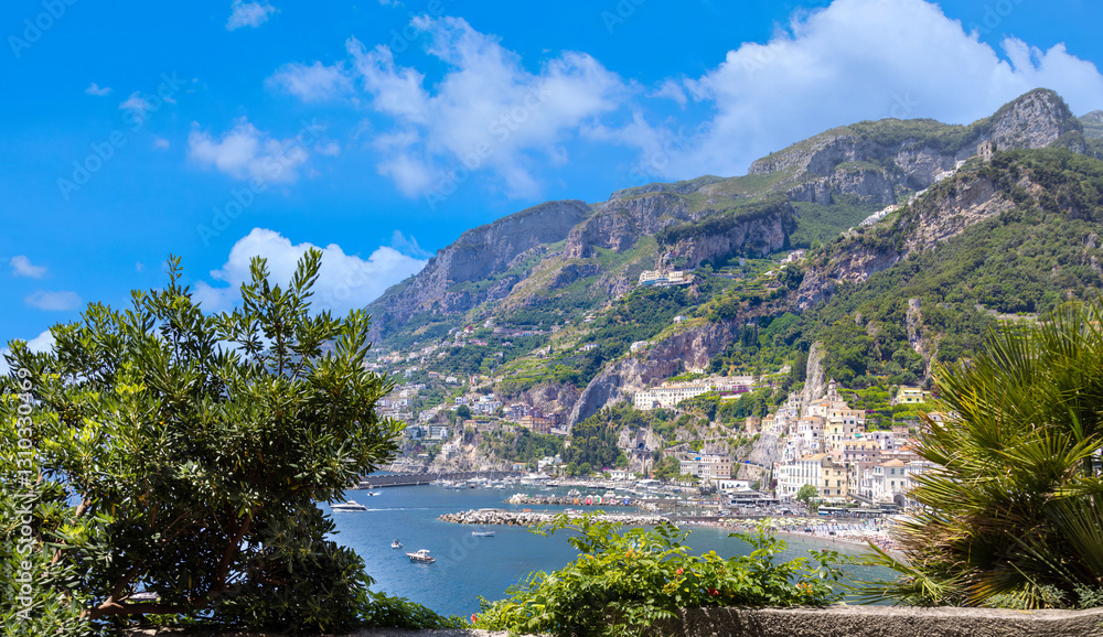 Italy, Amalfi town colorful architecture and Campania Amalfi coast landscapes , UNESCO site.