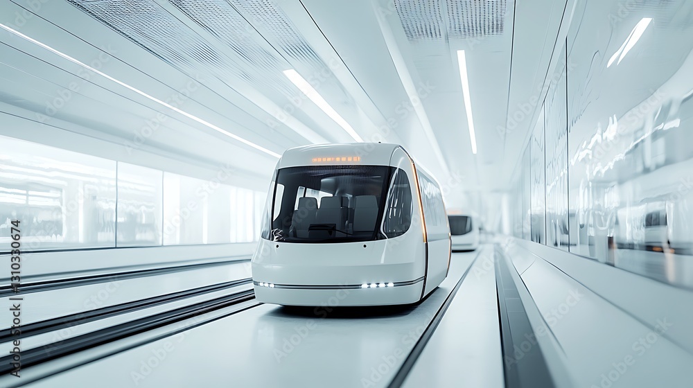 Fototapeta premium Autonomous futuristic white autonomous bus with curved black glass inside modern glowing light transit station