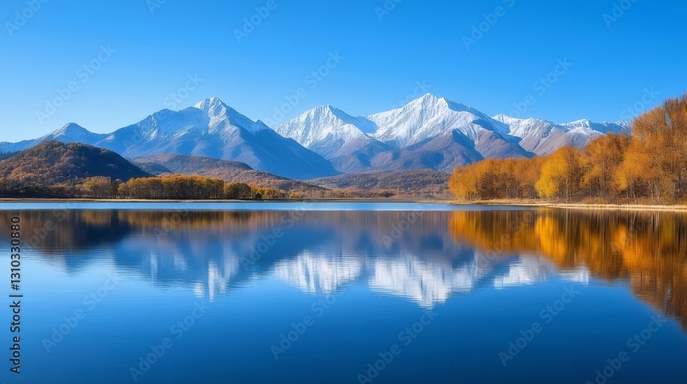 Autumn lake reflecting snowy mountains Autumn lake reflecting snowy mountains