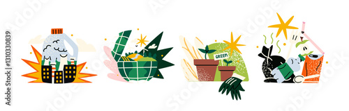 Cartoon eco stickers in retro groovy style. Ecology, organic products, natural product, vegan, bio, environmental protection. Vector set elements	