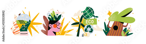 Cartoon eco stickers in retro groovy style. Ecology, organic products, natural product, vegan, bio, environmental protection. Vector set elements	