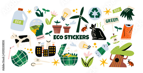 Cartoon eco stickers in retro groovy style. Ecology, organic products, natural product, vegan, bio, environmental protection. Vector set elements	