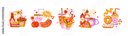 Fast food composition cartoon set. Featuring fries, ketchup, burgers, and abstract decorative elements. Doodle and vibrant illustrations for street food and snack concept