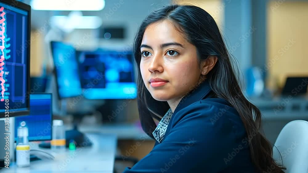 A Latin woman scientist examines genetic samples in a cutting-edge laboratory setting. A Latin woman scientist examines genetic samples in a cutting-edge laboratory setting.