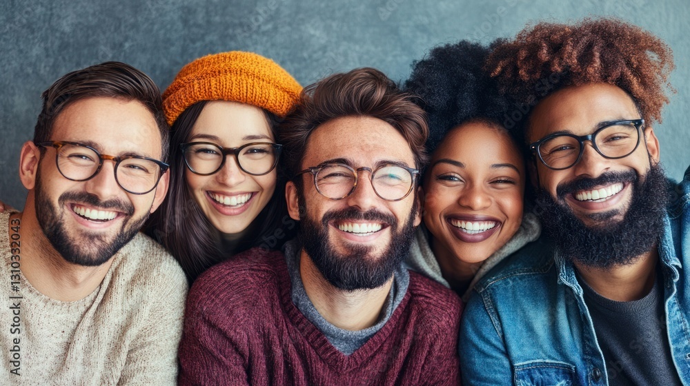 Diverse group of friends laughing together, close-up, gray background Diverse group of friends laughing together, close-up, gray background