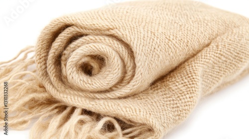 Rolled tan scarf, textured weave, studio shot on clean white background