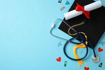Medical graduation essentials: stethoscope, cap, diploma, and scattered medical icons. Ideal for celebrating medical achievements and healthcare education milestones. Flat lay, top view.
