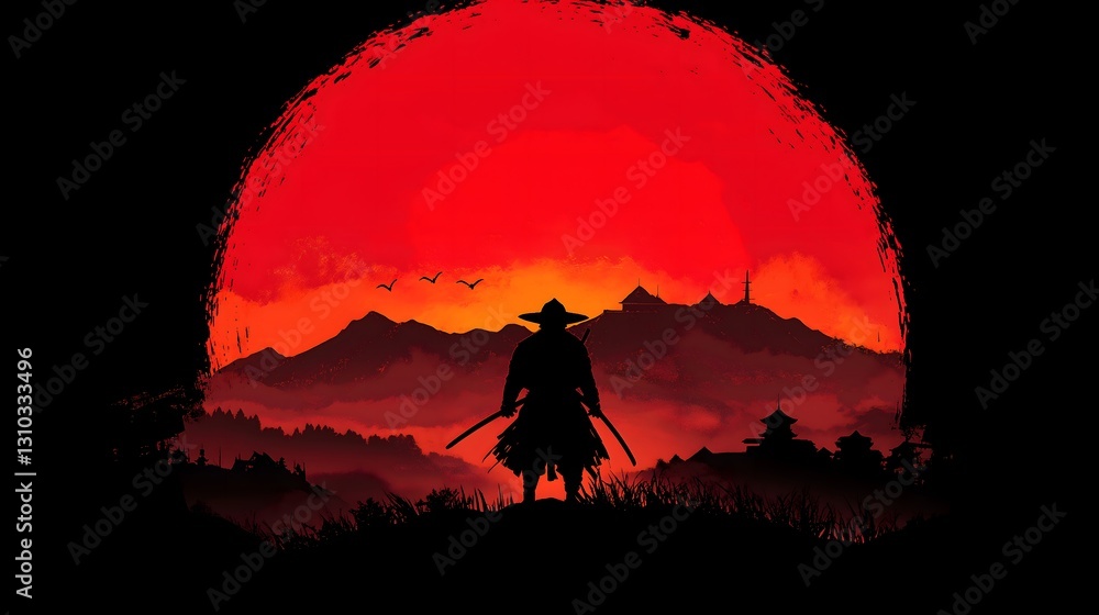 Fototapeta premium Warrior Silhouette against sunset: A silhouette of a lone warrior stands on a hilltop, two swords at the ready, set against a dramatic backdrop of a fiery sunset and mountains.