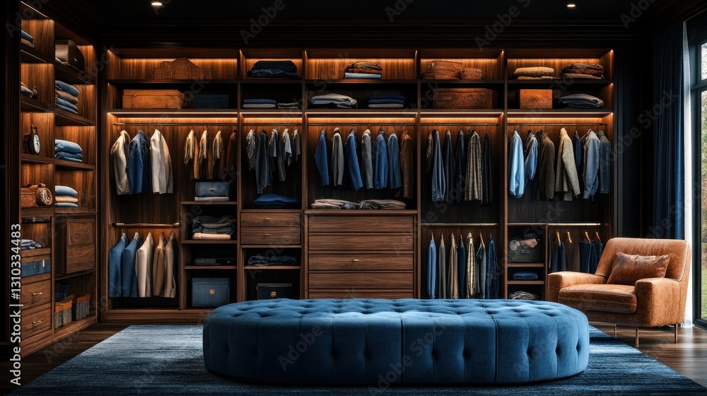 Luxurious Wooden Walk-in Closet with Seating (1) Luxurious Wooden Walk-in Closet with Seating (1)