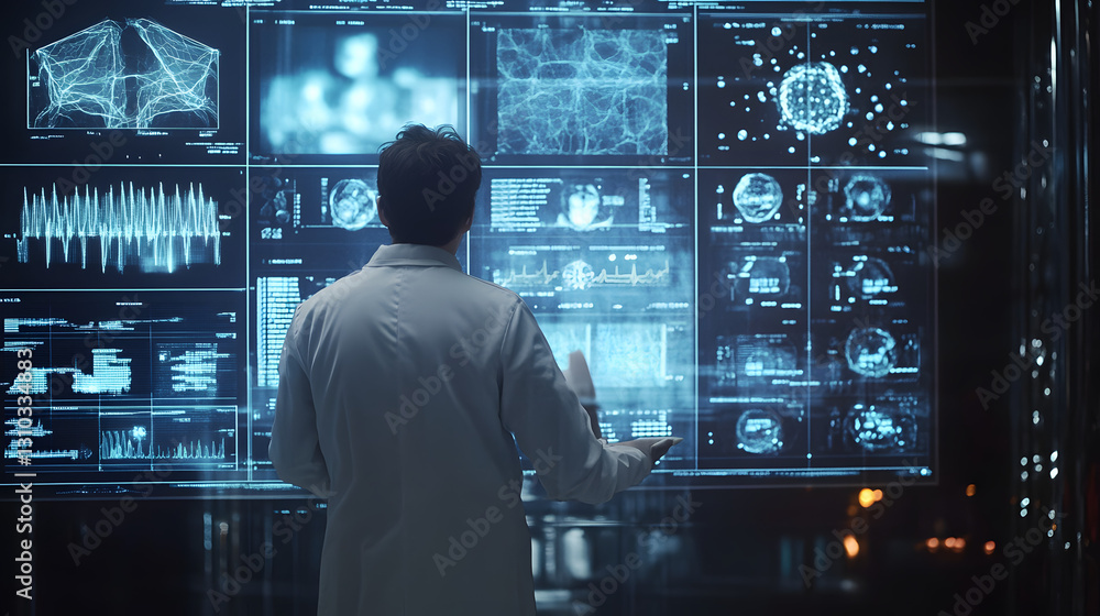 A doctor is examining a medical condition with a data display screen. A doctor is examining a medical condition with a data display screen.