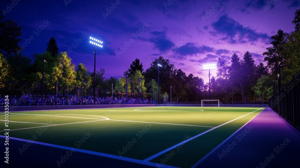 A vibrant twilight scene of an empty soccer field illuminated by floodlight in a park setting A vibrant twilight scene of an empty soccer field illuminated by floodlight in a park setting
