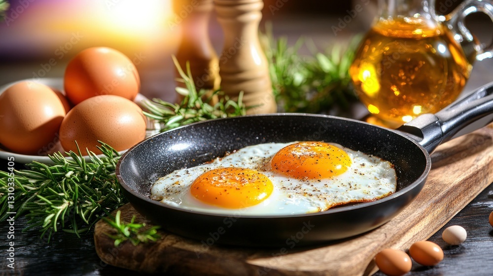 Fried Eggs in Pan, Fresh Herbs, Eggs, Kitchen Setting Fried Eggs in Pan, Fresh Herbs, Eggs, Kitchen Setting