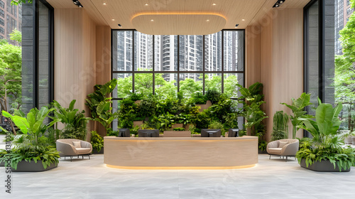Modern lobby, green wall, city view, reception desk