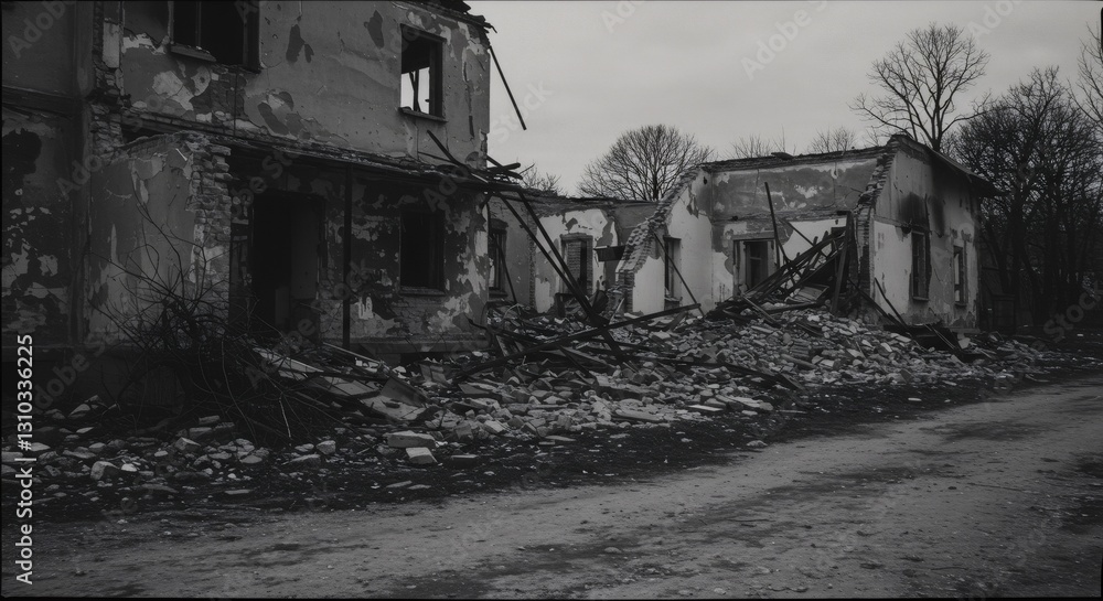 Fototapeta premium Devastated ruins of destroyed buildings after war or disaster. Black and white image of abandoned village with crumbling structures and debris. Concept of destruction and aftermath